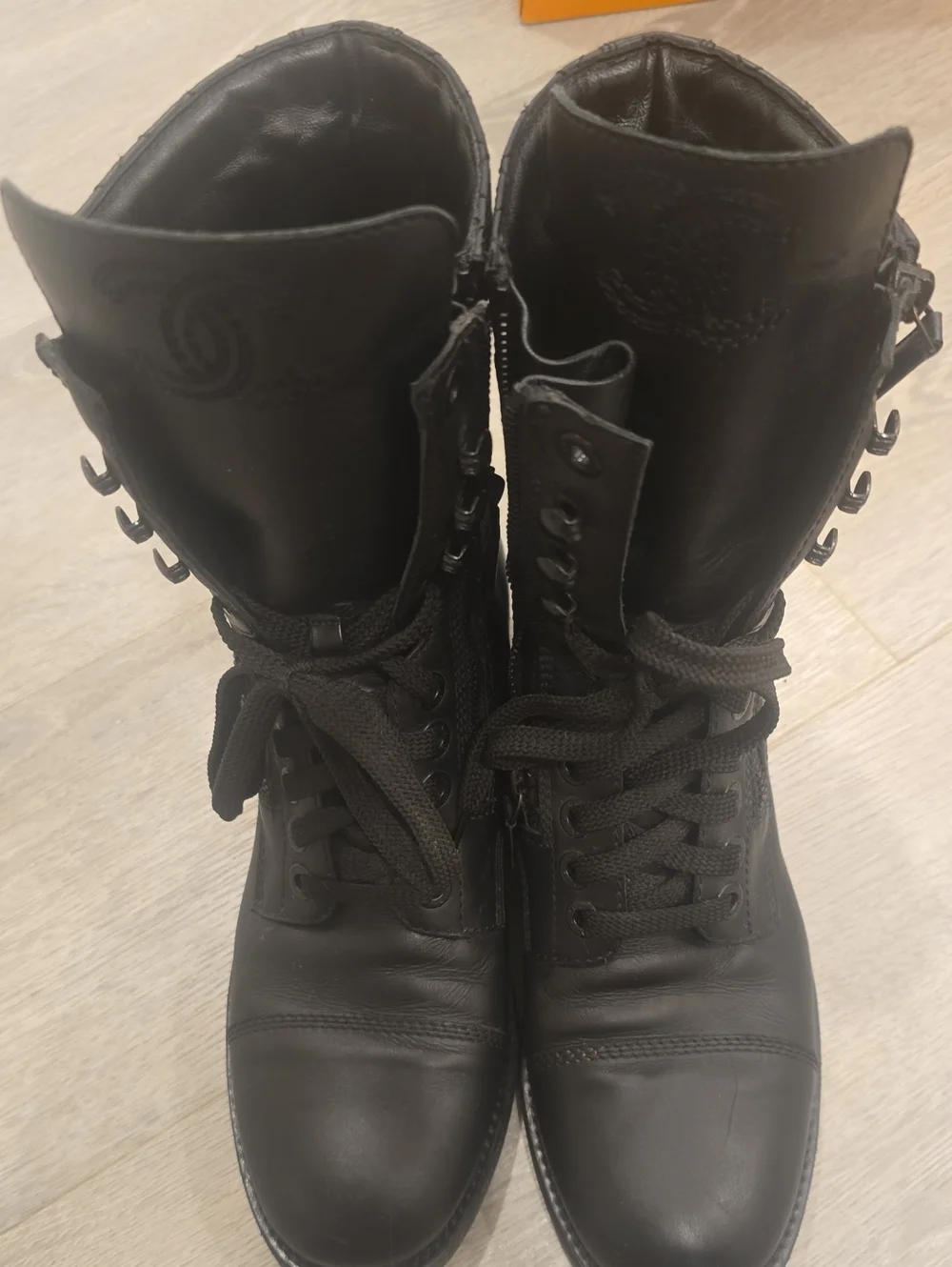 Chanel Black Leather Lace-Up Women's Combat Boots